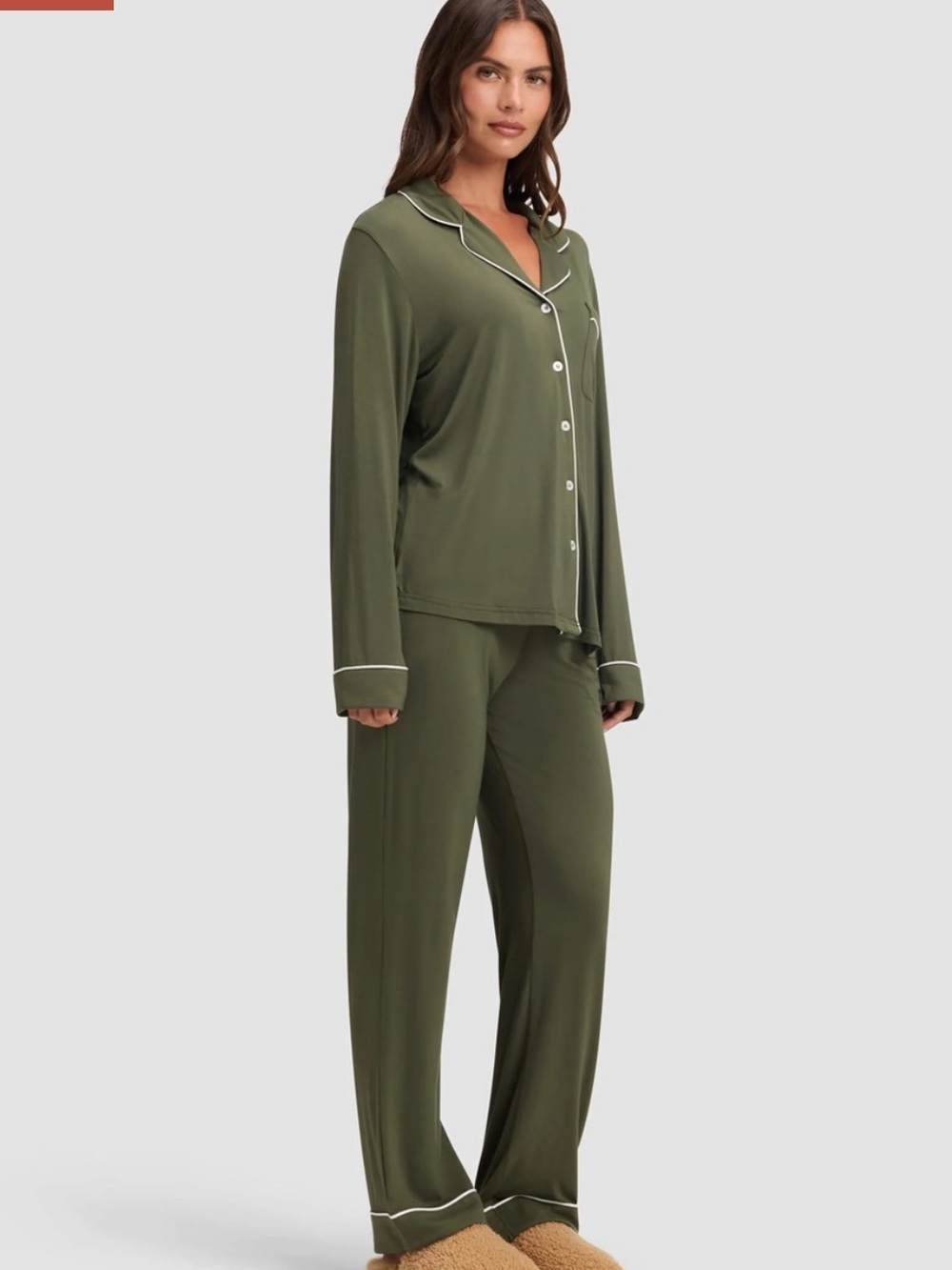 Cozy Earth Bamboo Stretch Knit Classic Long Sleeve Pajama Set Small Olive Green